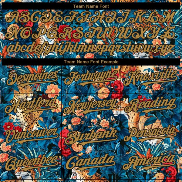 Custom Royal Old Gold-Black 3D Pattern Design Northeast China Big Flower And Leopard Authentic Baseball Jersey - Image 4