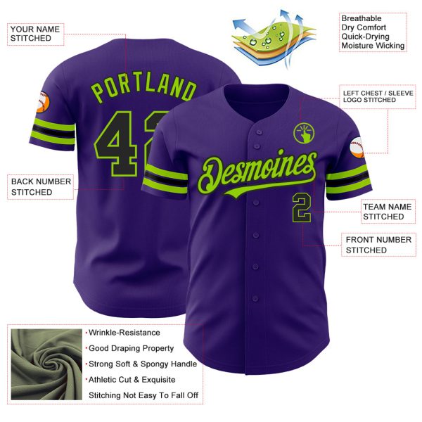 Custom Purple Black-Neon Green Authentic Baseball Jersey - Image 3